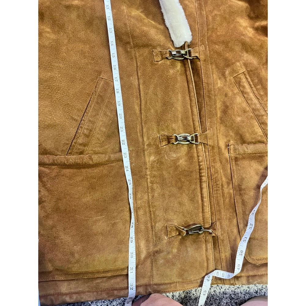 Suede Vintage Sherpa Lined Hooded Toggle Leather Coat Brown Womens Size M - Picture 7 of 14
